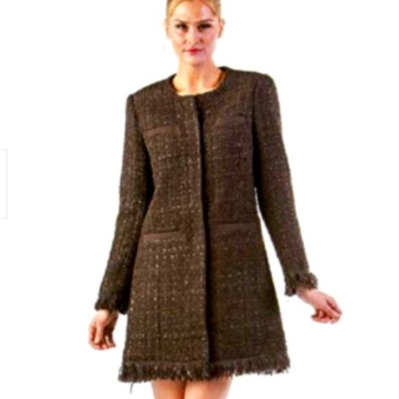 Vertigo Paris Tweed Wool Coat Sz S Brown Metallic Boucle Fringed Preppy France - Picture 1 of 16